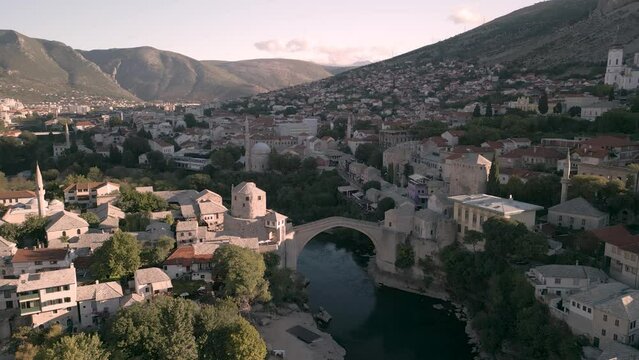 Aerial view of city of Mostar from a drone, Stari Most, Old Bridge 