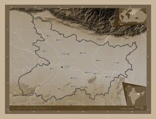 Bihar, India. Sepia. Labelled points of cities