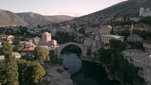 Aerial view of city of Mostar and Stari Most, from a drone