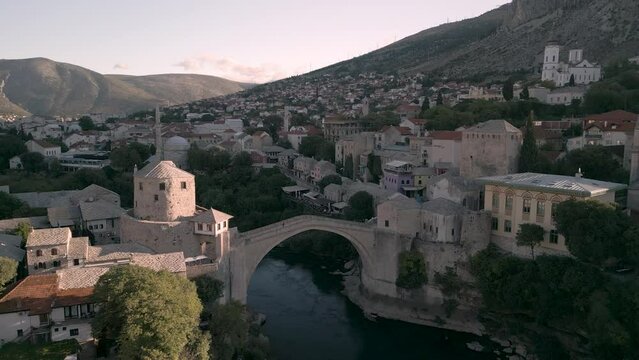 Aerial view of city of Mostar and Stari Most, from a drone