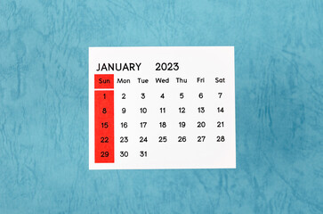 The January 2023 Monthly calendar for 2023 year on blue background.