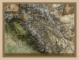 Jammu and Kashmir, India. Low-res satellite. Labelled points of cities