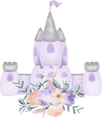 Watercolor fairy tale element of princess story - princess purple castle, isolated illustration for baby shower girl clipart, birthday clipart