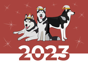 Husky dog drawing. Cute dog characters in various poses, designs for prints, adorable and cute. Christmas husky breed dog cartoon vector set, in different poses. New year poster, symbol.