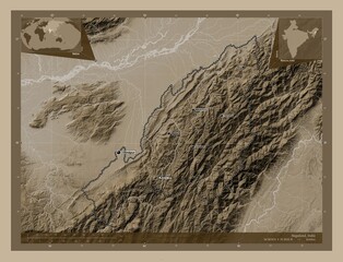 Nagaland, India. Sepia. Labelled points of cities