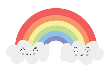 Colorful rainbow with white clouds in kawaii style. Rainbow vector icon on blue background