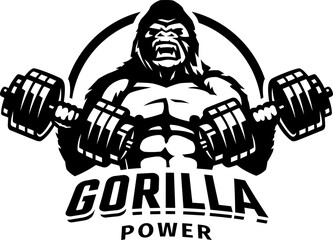 Gorilla with two dumbbells. Bodybuilding and fitness logo. Vector illustration. - 536761099
