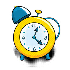 Comic alarm clock. Pop art colorful and dynamic cartoonish icon in retro style.  bright cartoon object with halftone dots shadow