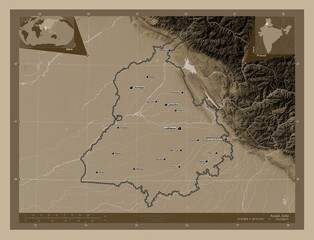 Punjab, India. Sepia. Labelled points of cities