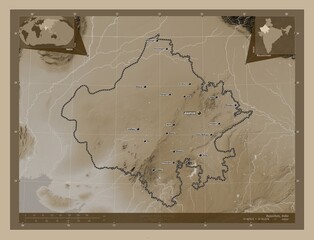 Rajasthan, India. Sepia. Labelled points of cities