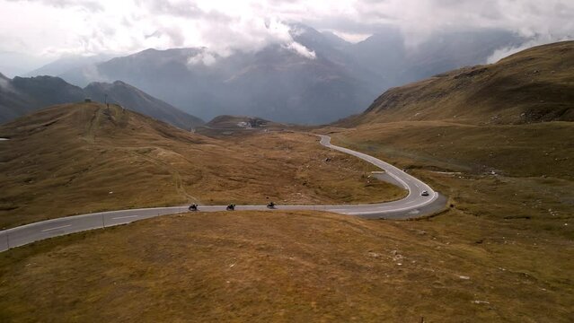 Motorcycles riding in the Austrian Alps ,Gro&szlig;glockner,drone footage