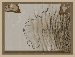 Tripura, India. Sepia. Labelled points of cities