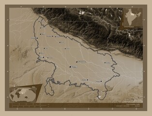 Uttar Pradesh, India. Sepia. Labelled points of cities