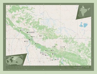 Fototapeta premium Uttarakhand, India. OSM. Labelled points of cities