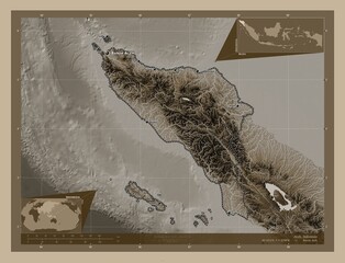 Aceh, Indonesia. Sepia. Labelled points of cities
