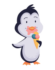 Cute penguin stands with icecream and eating. Funny draw character in cartoon style. Adorable wild animal