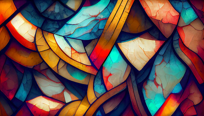 Colorful stained glass window. Abstract stained-glass background. Art Nouveau decoration for interior. Vintage pattern.