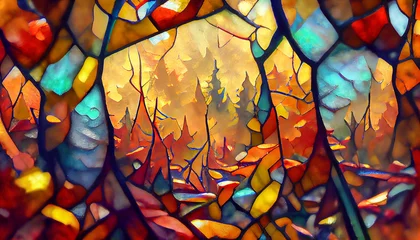 Papier Peint photo autocollant Coloré autumn forest. Colorful stained glass window. Abstract stained-glass background. Art Nouveau decoration for interior. Vintage pattern.