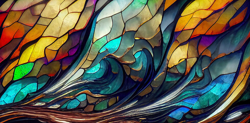 ocean waves. Colorful stained glass window. Abstract stained-glass background. Art Nouveau decoration for interior. Vintage pattern.