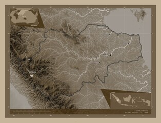 Jambi, Indonesia. Sepia. Labelled points of cities