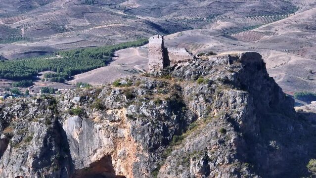 Landscape at Chodes Castle. Aerial view from a drone in the surroundings of the town of Chodes. Valdejalón region. Saragossa. Aragon. Spain. Europe
