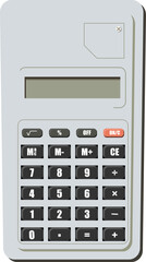 A modern calculator with light gray color that is used to perform arithmetic operations in education or work