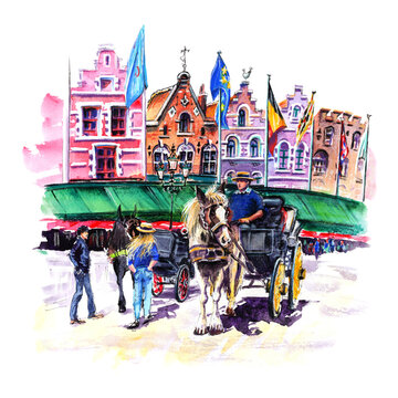 Watercolor sketch of Horse carriage on Markt square in Brugge, Belgium.