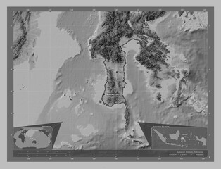Sulawesi Selatan, Indonesia. Grayscale. Labelled points of cities