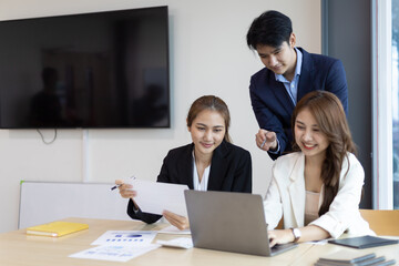 Business partnership meeting, Colleagues meeting to discuss project planning and market research for business profit growth. Collaboration of people in the organization.