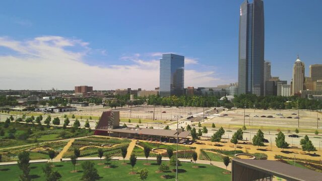 Aerial view of the green Scissortail Park with trees