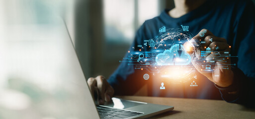 Bussiness  hand using cloud computin Storage and data transfer Cloud network , Cloud technology....