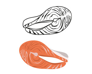 Set red fish steak, salmon. Doodle and flat vector illustration isolated on white background.