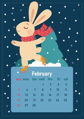February 2023 calendar. Year of the rabbit, symbol of the new year. The week starts on Sunday. A cute rabbit in a scarf smiles and skates under the snow.