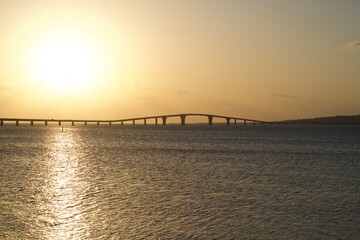 Fototapeta na wymiar Irabu Bridge connecting Miyako Island and Irabu Island and sunset scenery