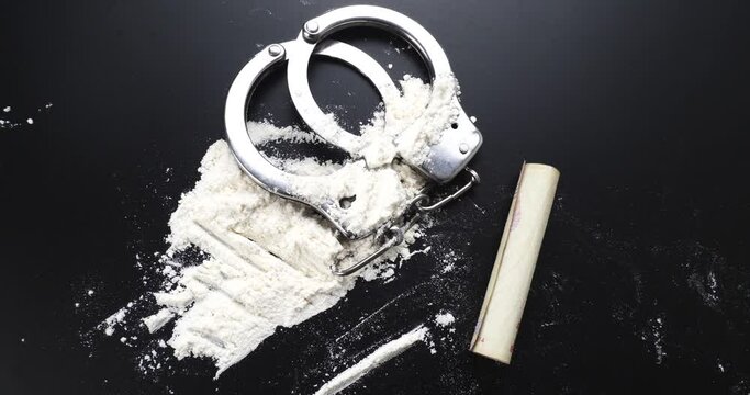 detention of a drug dealer, arrest for drug use white powder cocaine and handcuffs. High quality 4k footage