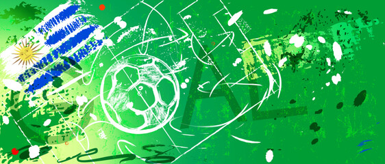 soccer or football illustration for the great soccer event with soccer ball, flag of uruguay, soccer field, grungy style