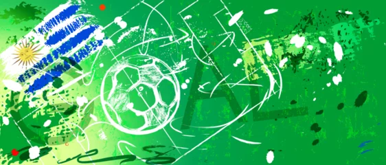 Selbstklebende Fototapeten soccer or football illustration for the great soccer event with soccer ball, flag of uruguay, soccer field, grungy style © Kirsten Hinte