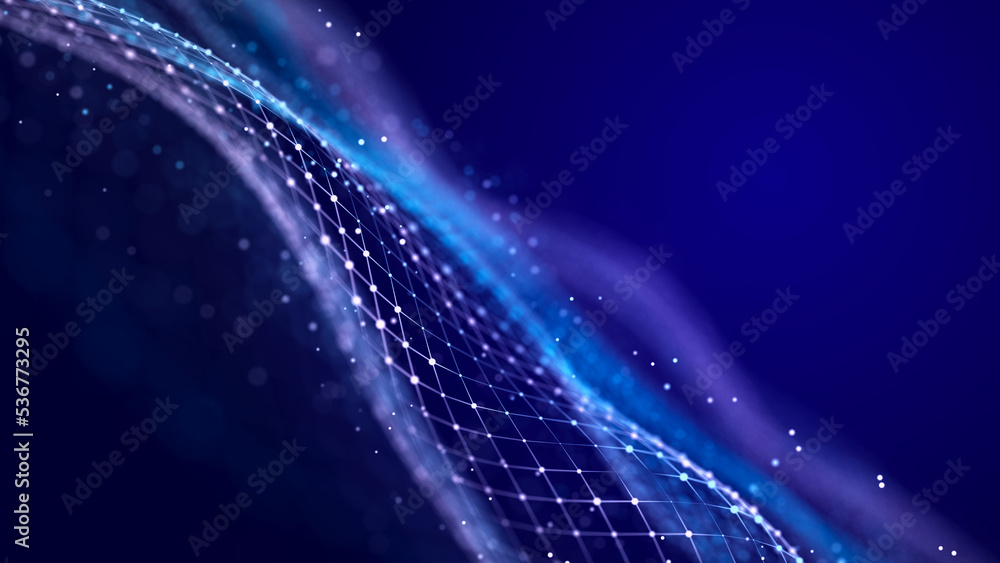 Aufkleber Big data visualization. The musical stream of sounds. Abstract background with interweaving of dots . 3D rendering.
