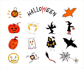Halloween elements set colored doodle icons holiday supplies vector hand drawn illustration