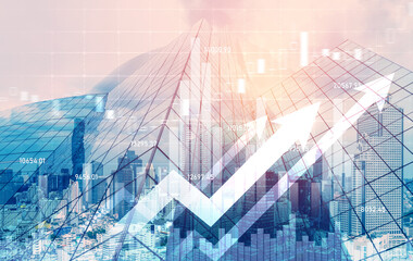 As background for a financial or business concept, digital screen and financial graphs overlap on a picture of modernistic cityscape, skyscrabbers.