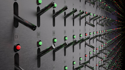 Large panel of toggle switches with LED lights and hexadecimal label.