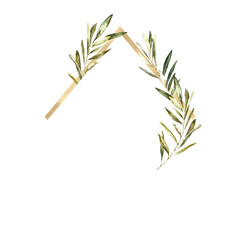 Watercolor olive frame illustration. Gold greenery Geometrical, polygonal floral frame., wreath,arrangement, rhombus shape. Square, oblong, botanical wedding decor,printable invite,diy                