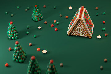 Gingerbread house and cookies in the form of Christmas trees in candies on a green background with a place for text. 3d render illustration