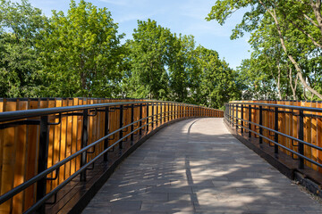 Pedestrian bridge in a public park. Footbridge Over Footpath Amidst Trees