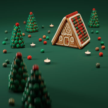 Gingerbread house and cookies in the form of Christmas trees in candies on a green background with a place for text. 3d render illustration