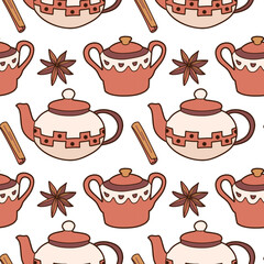 flat vector seamless pattern on the cups and teapot