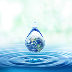 World Water day concept with world in clean water drop on and fresh blue water ripples design, Environment save and ecology theme concept ,Elements of this image furnished by NASA - obrazy, fototapety, plakaty