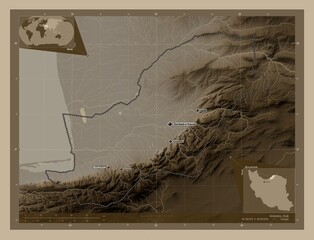 Golestan, Iran. Sepia. Labelled points of cities