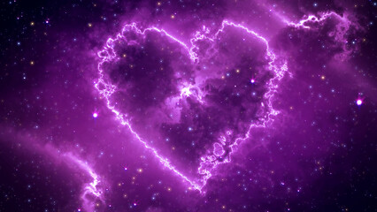 Abstract Purple Shine Fractal Heart Shape Of Nebula Clouds In Starry Outer Space Of The Universe