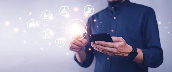 Businessman using fingerprint identification to access personal financial data and Digital transformation technology strategy